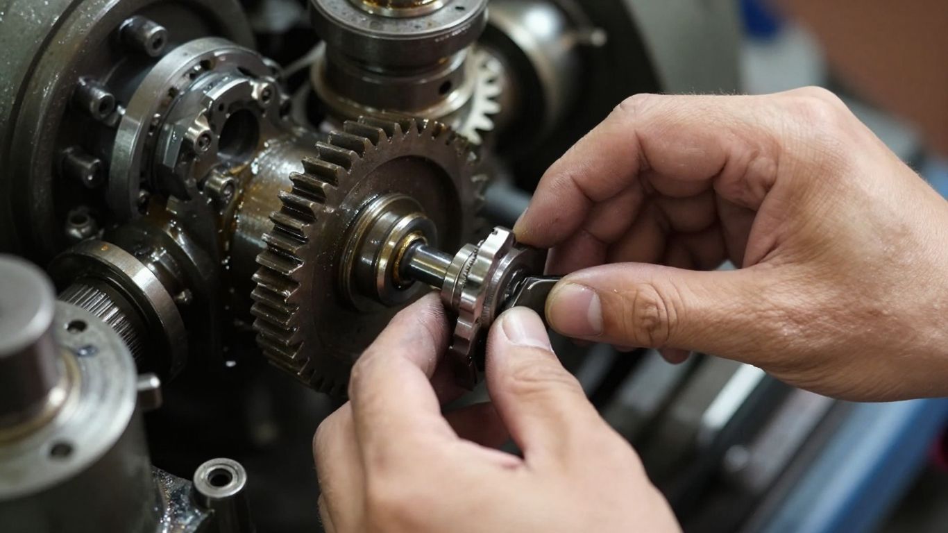 Mechanic inspecting complex industrial machinery gears.