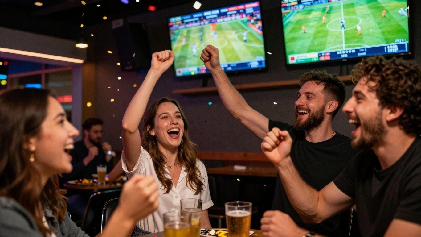 People celebrating wins in a lively sports betting lounge.