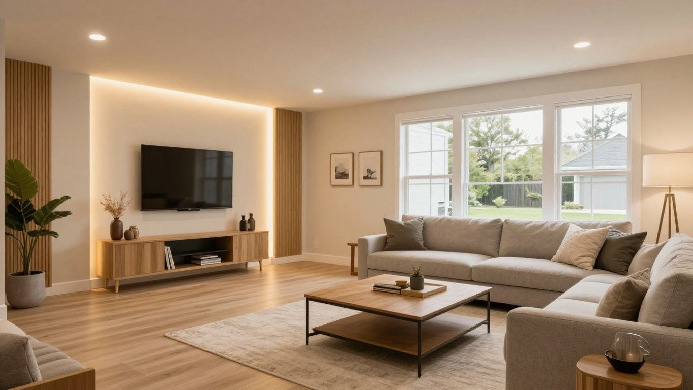 Remodeled basement living space with modern design and decor.