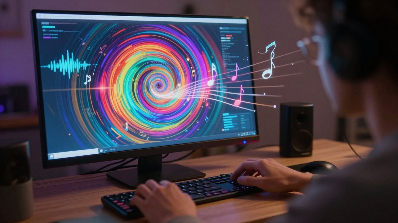 Person creating AI music video on computer