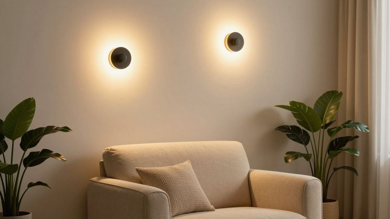 Stylish plug-in wall lights illuminating a cozy living room corner.