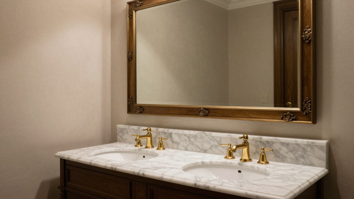 Luxury bathroom vanities with marble countertop and brass fixtures.