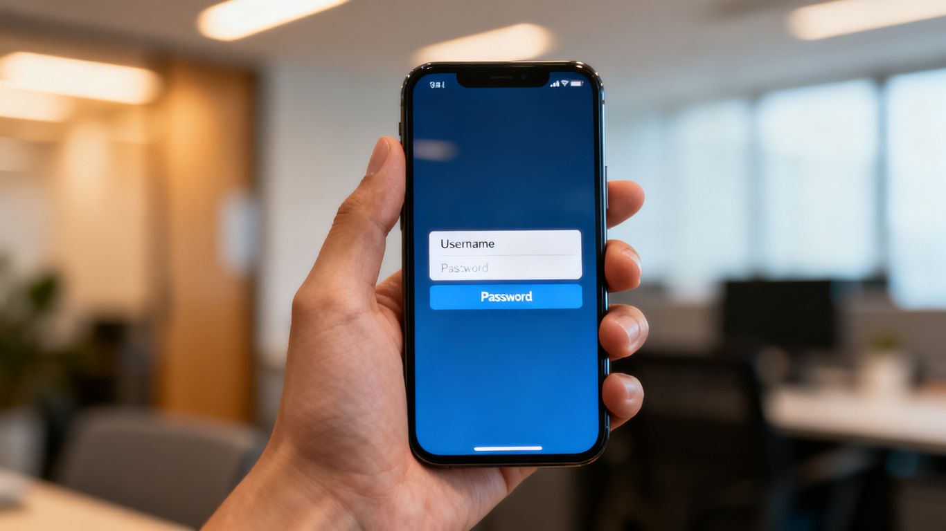 Hand holding phone with login screen