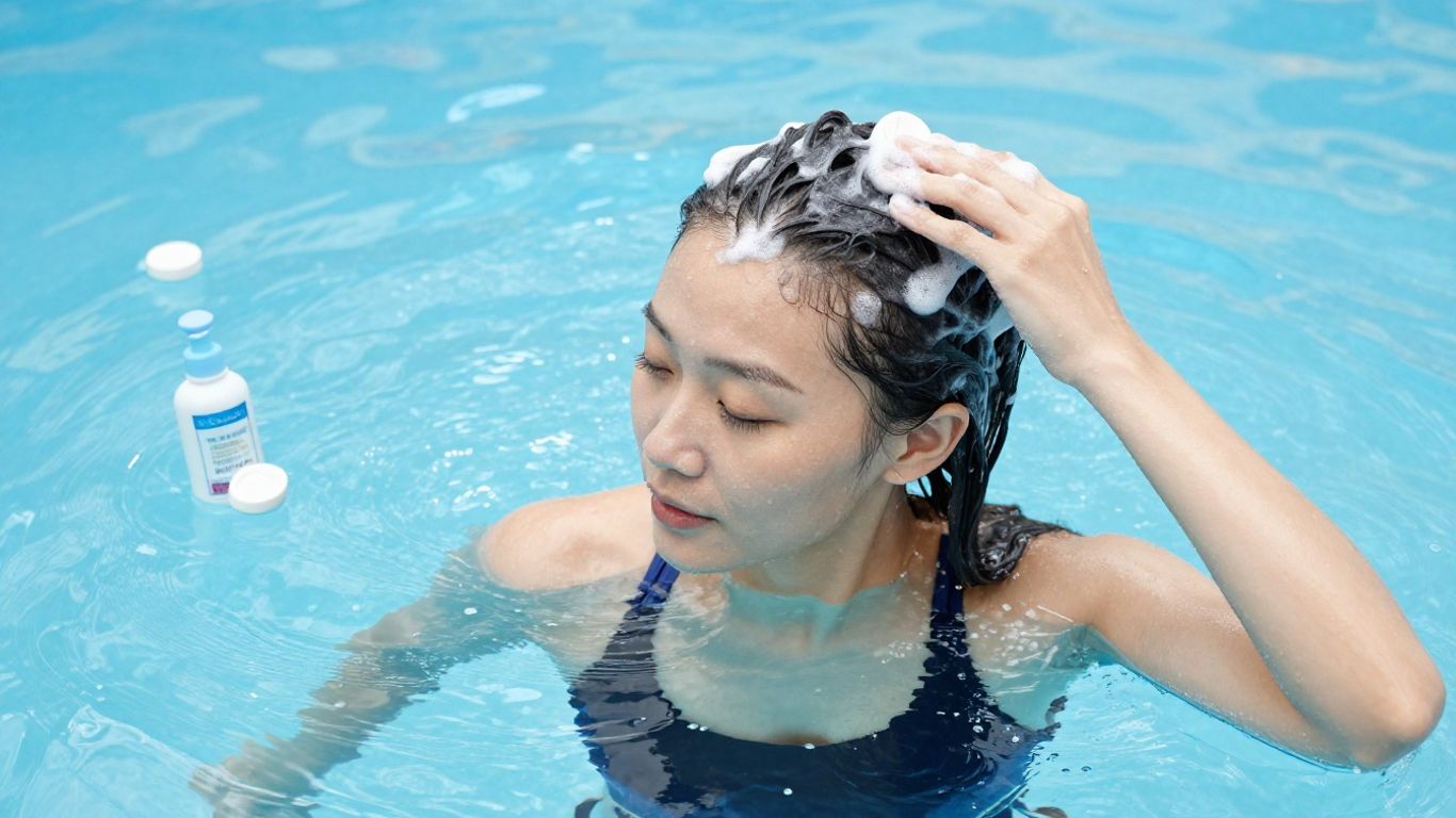 Woman with wig in pool, holding conditioner.