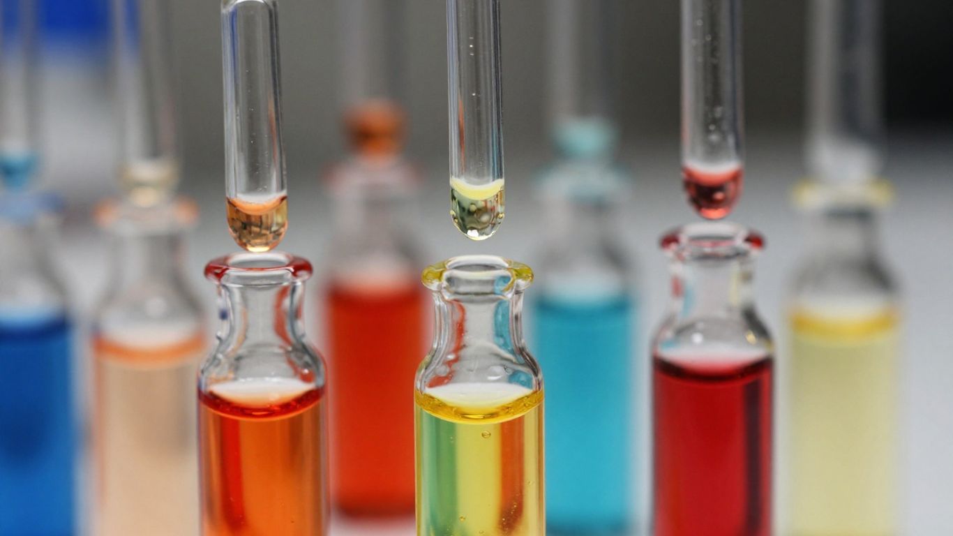 Vials with colourful liquids and droppers.
