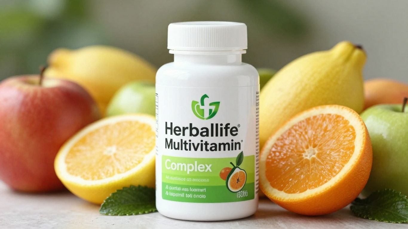 Herbalife Multivitamin Complex bottle with fruits and vegetables.