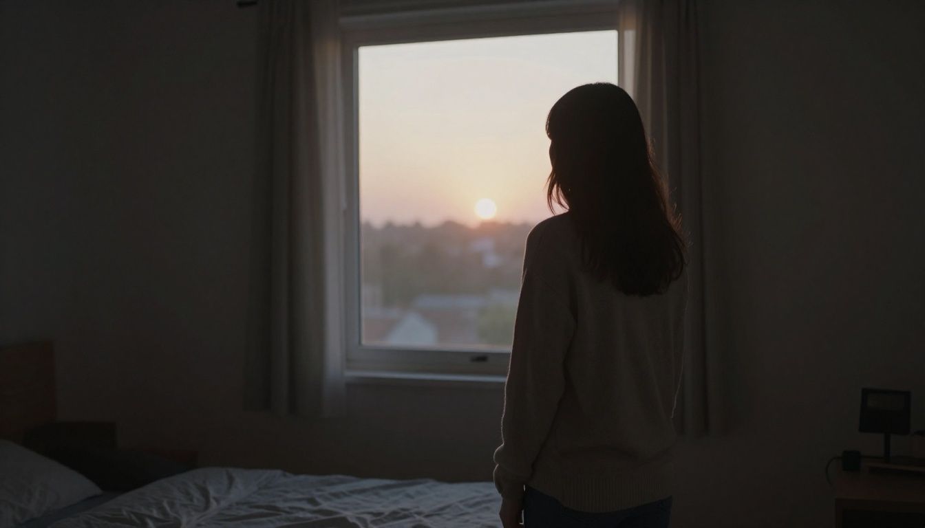 A person stands inside a dimly lit room, looking out a window at a soft, hopeful sunrise, symbolizing finding peace and safety after a period of darkness and betrayal.