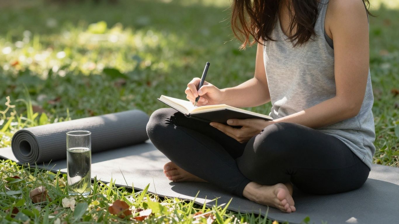 Person journaling outdoors, promoting healthy habits for mental well-being.