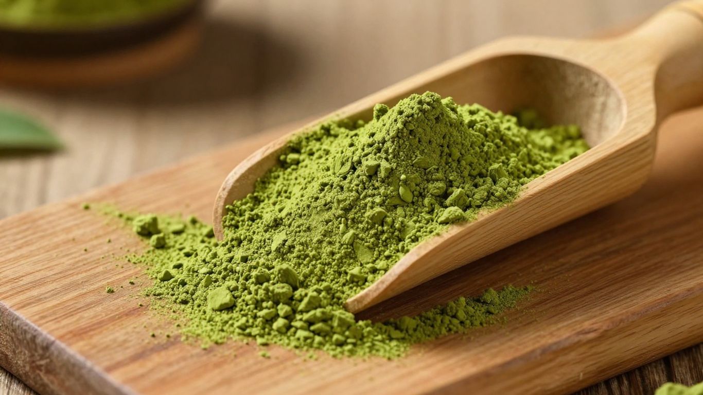 Premium Japanese matcha green tea powder in a scoop.