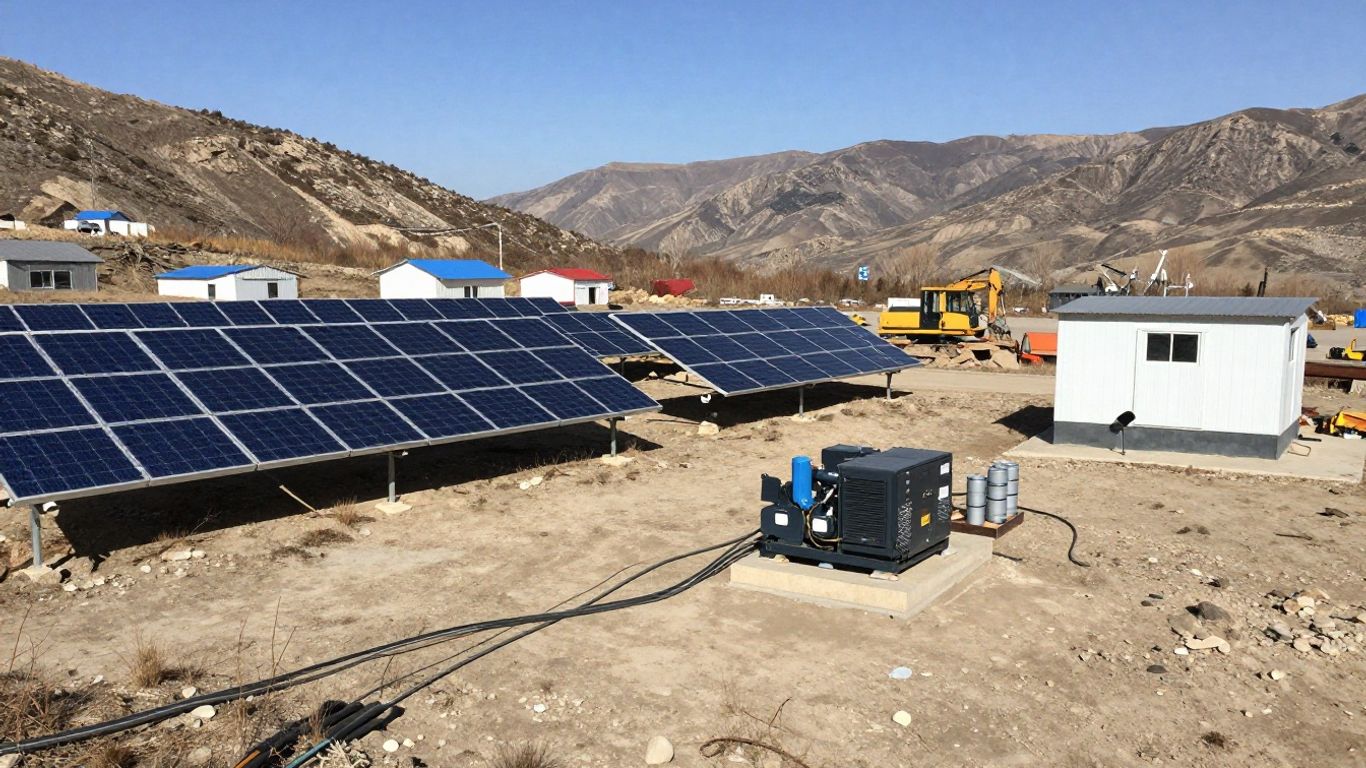 Remote construction site microgrid with solar panels and generator.