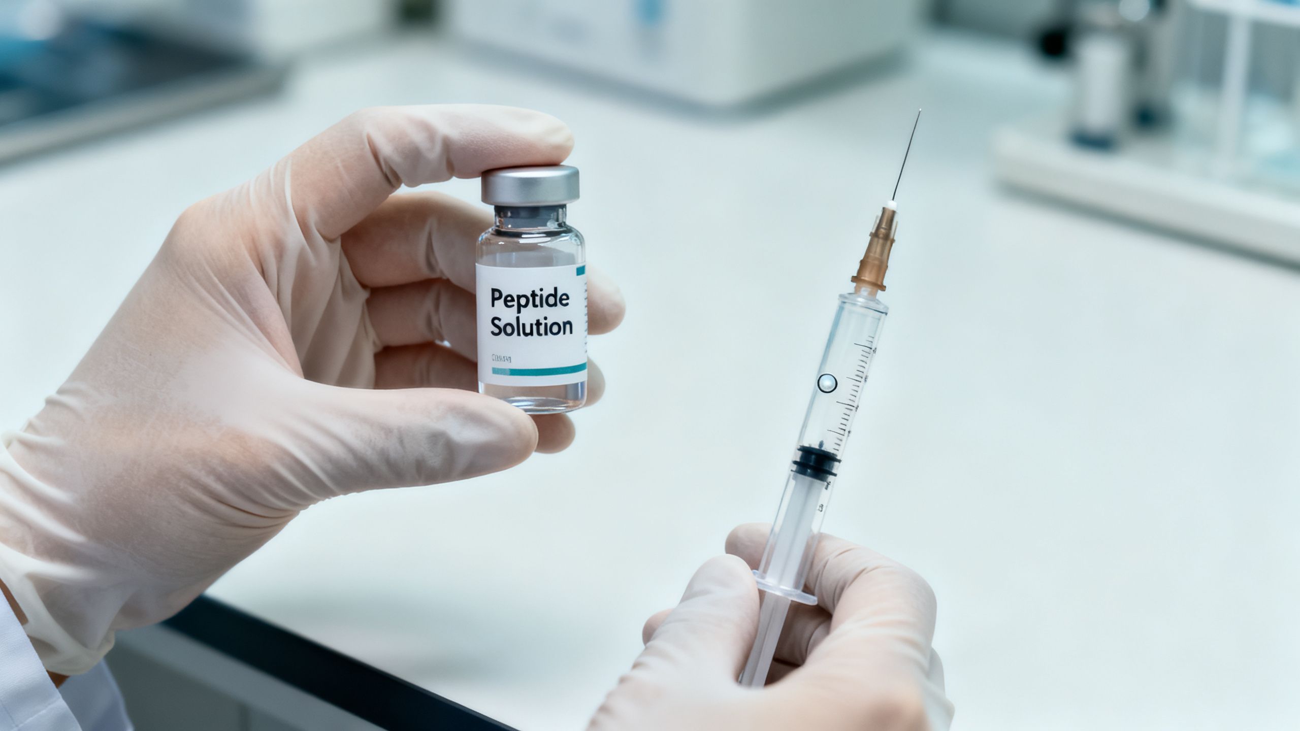 Hand holding a peptide vial and syringe in a clinical setting