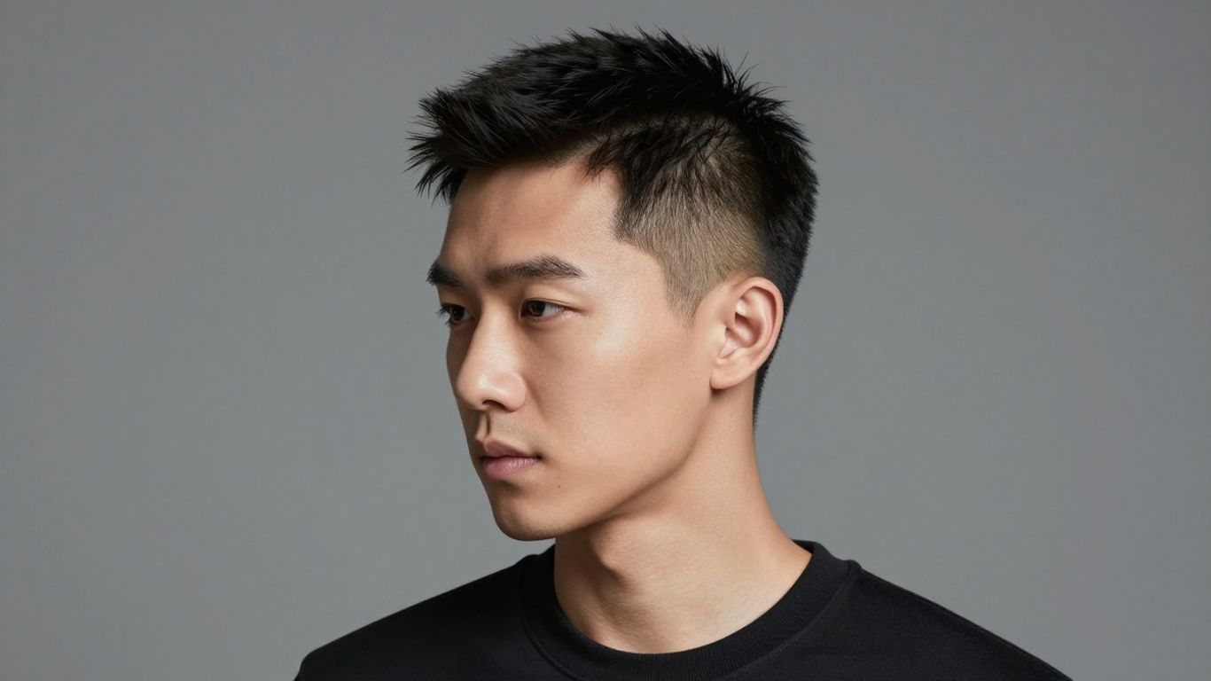 Asian man with a modern Caesar haircut.