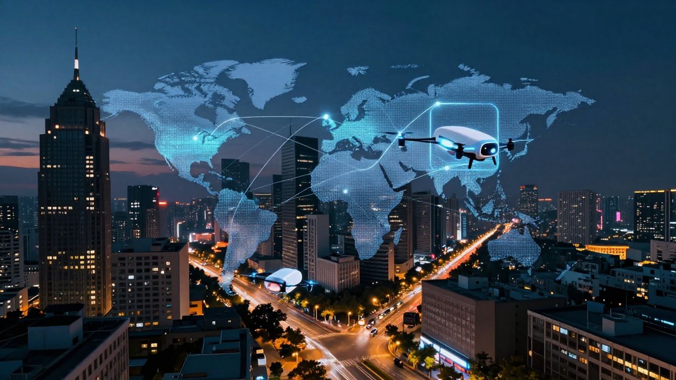 Harta lumii cu conexiuni digitale și curieri.