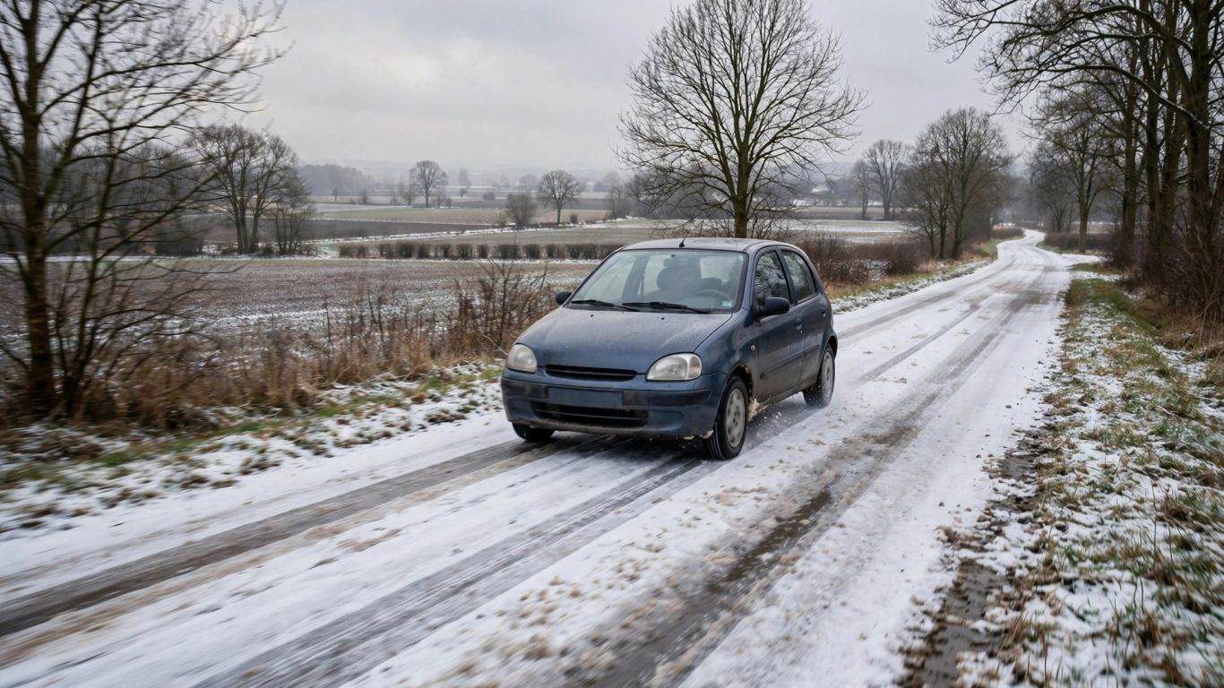 Gebrauchtwagen auf verschneiter Landstraße im Winter