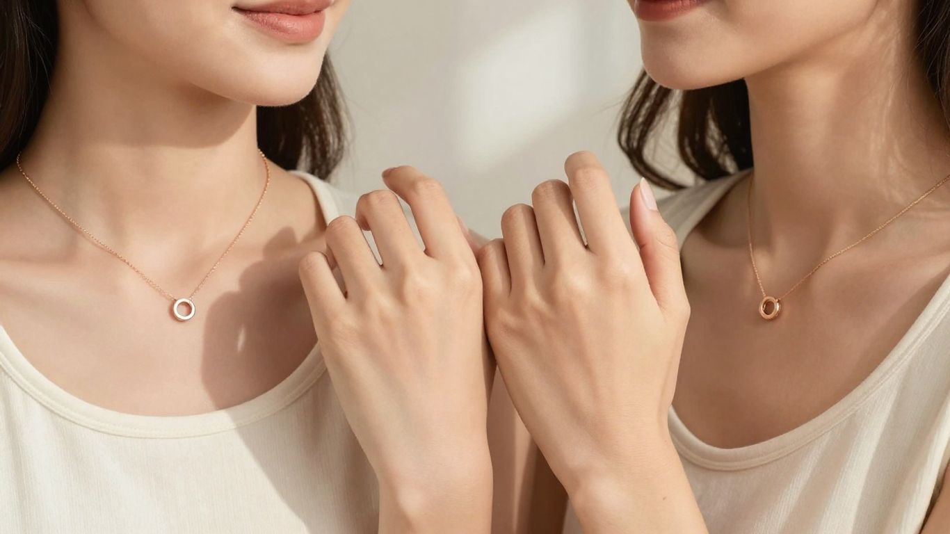 Mother and daughter wearing modern necklaces, close-up shot.