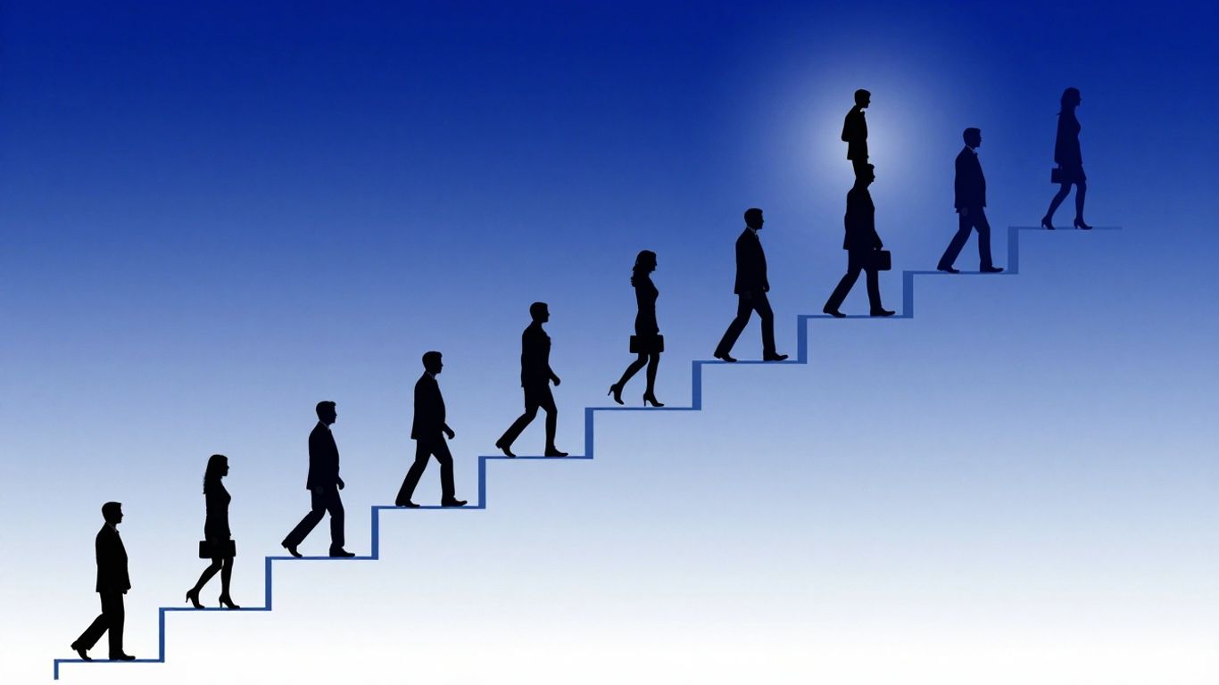 Corporate ladder with figures ascending to the top.