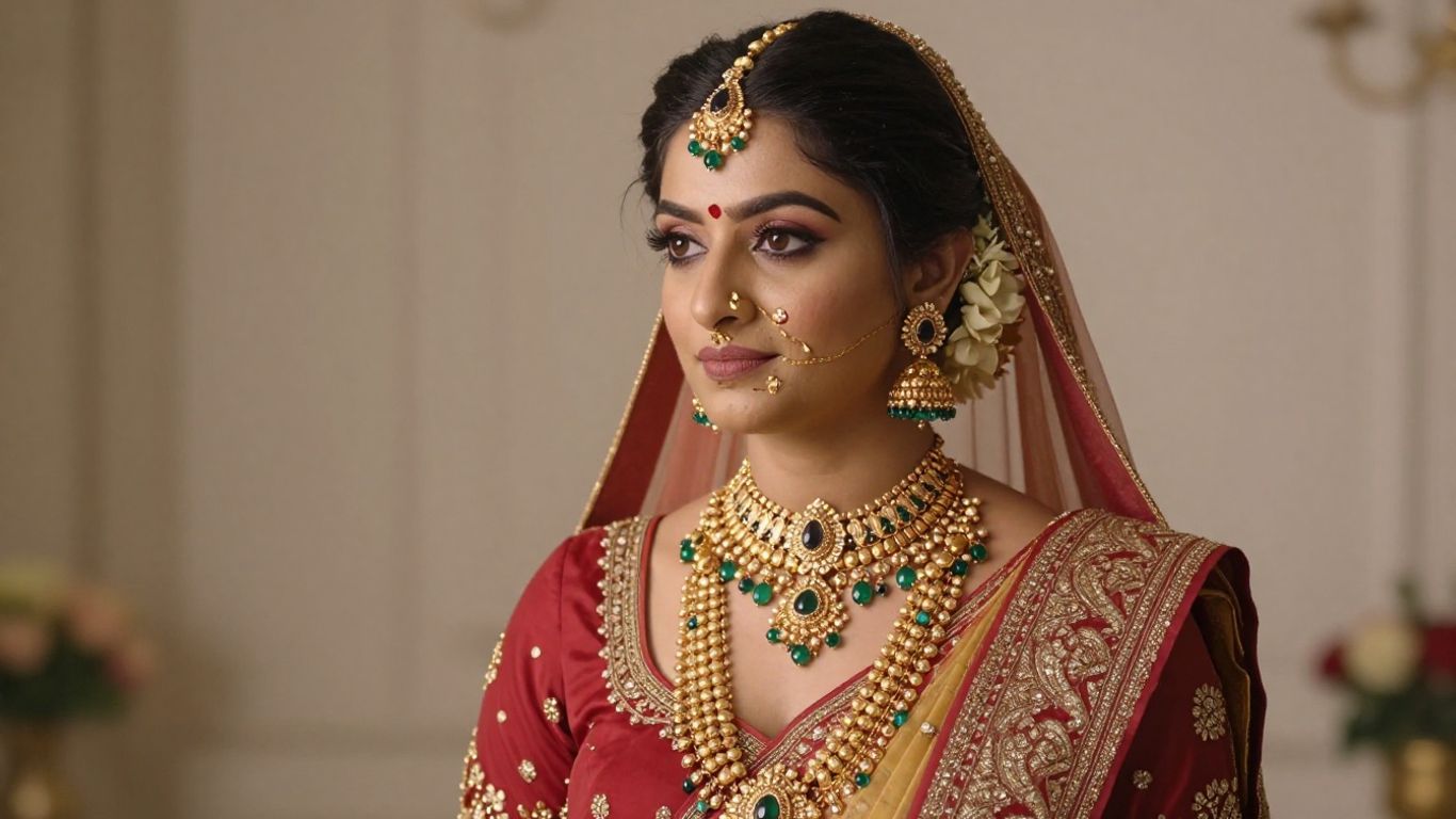 A radiant bride in traditional necklaces