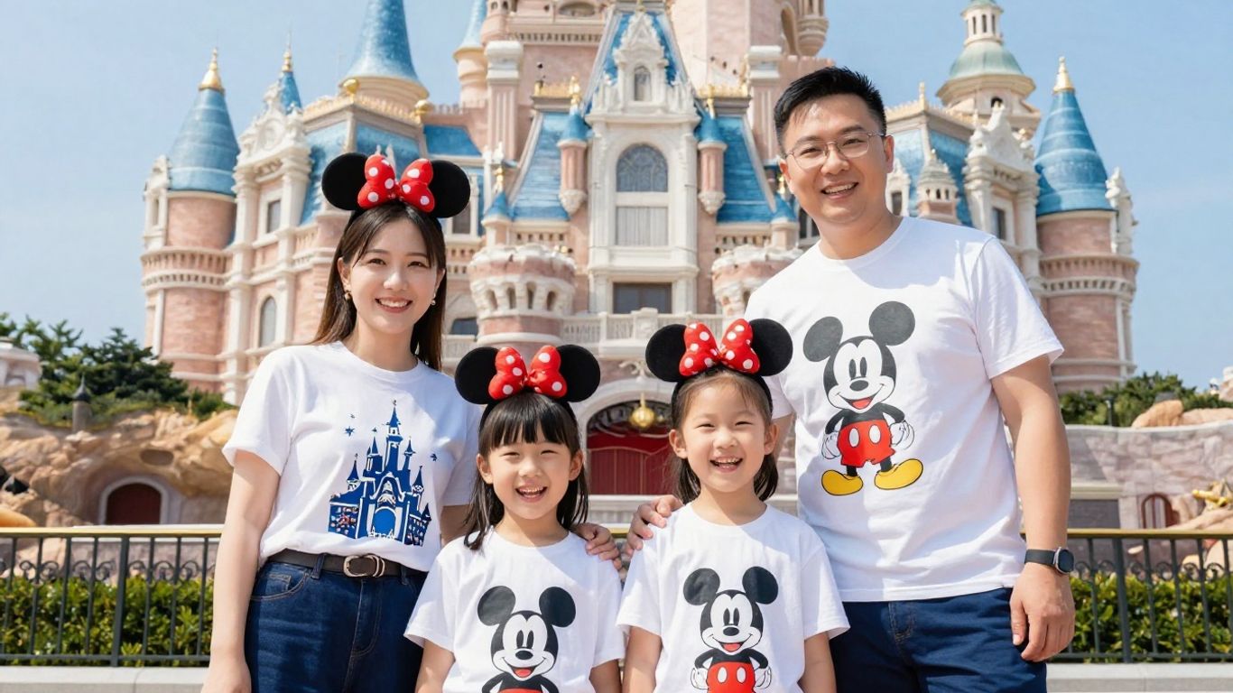 Family in matching Disney shirts for a trip.