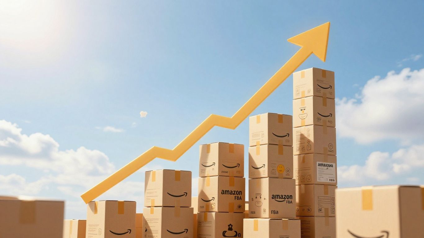 Amazon FBA growth with product boxes and customer satisfaction icons.