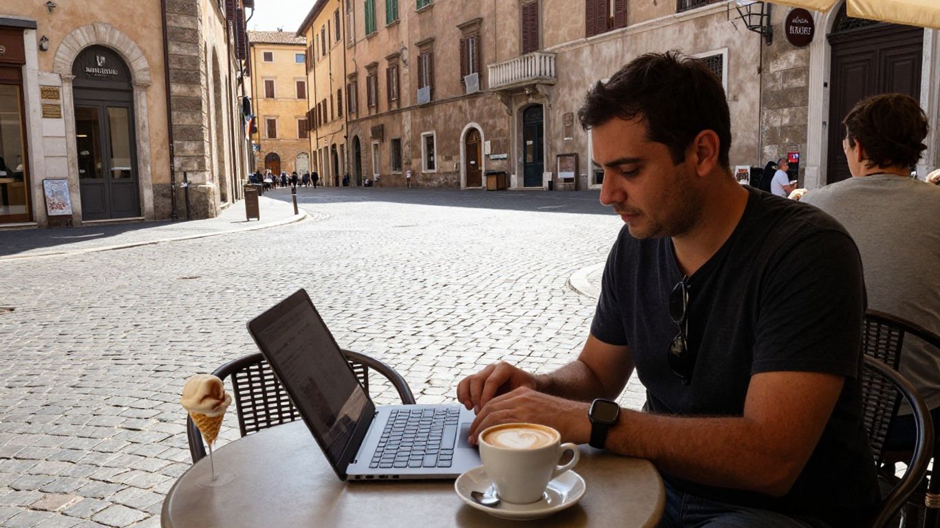 Digital nomad working on laptop in Italy.