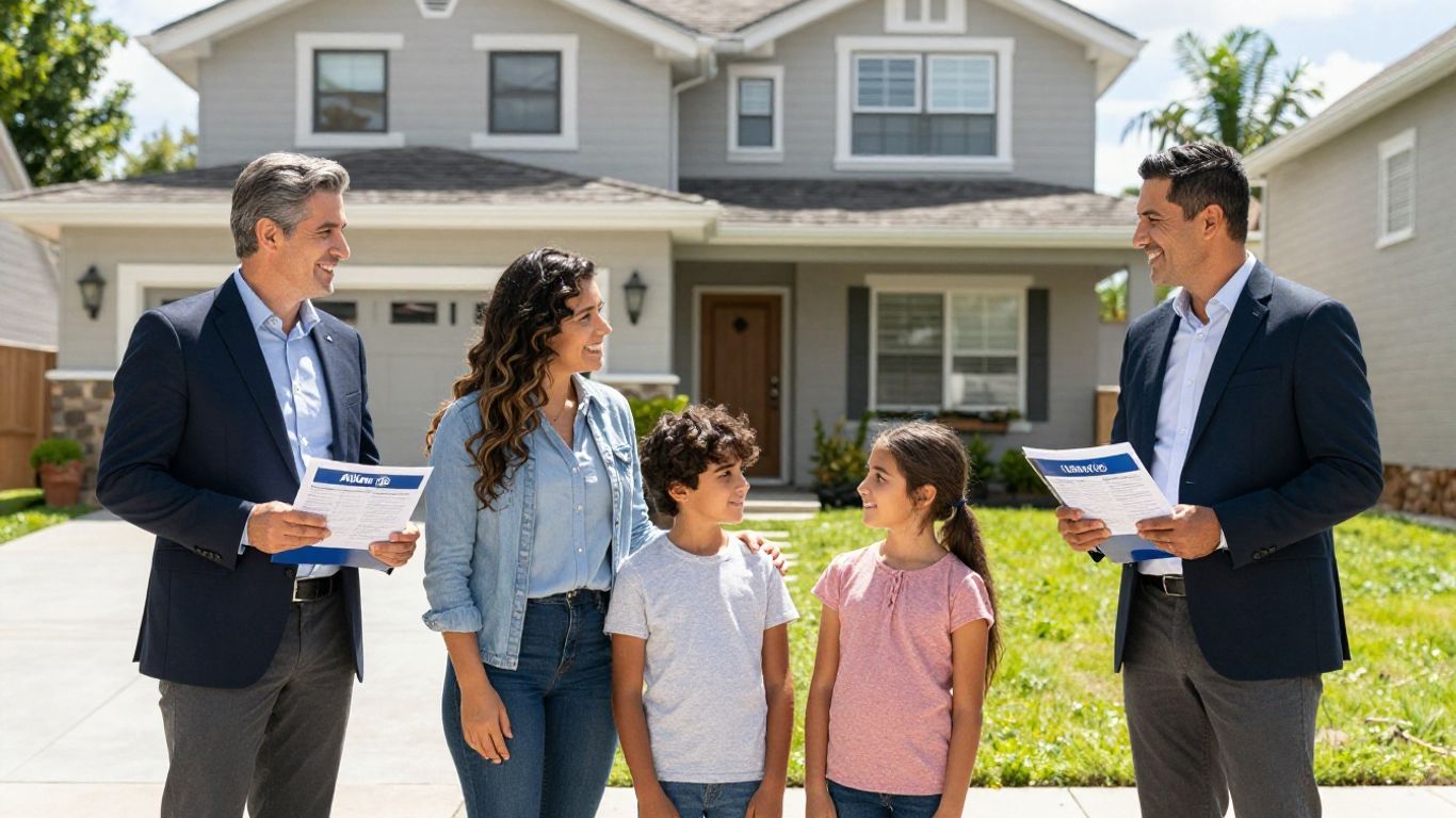 Familia con agentes de Allianz y Liberty Seguros frente a casa.