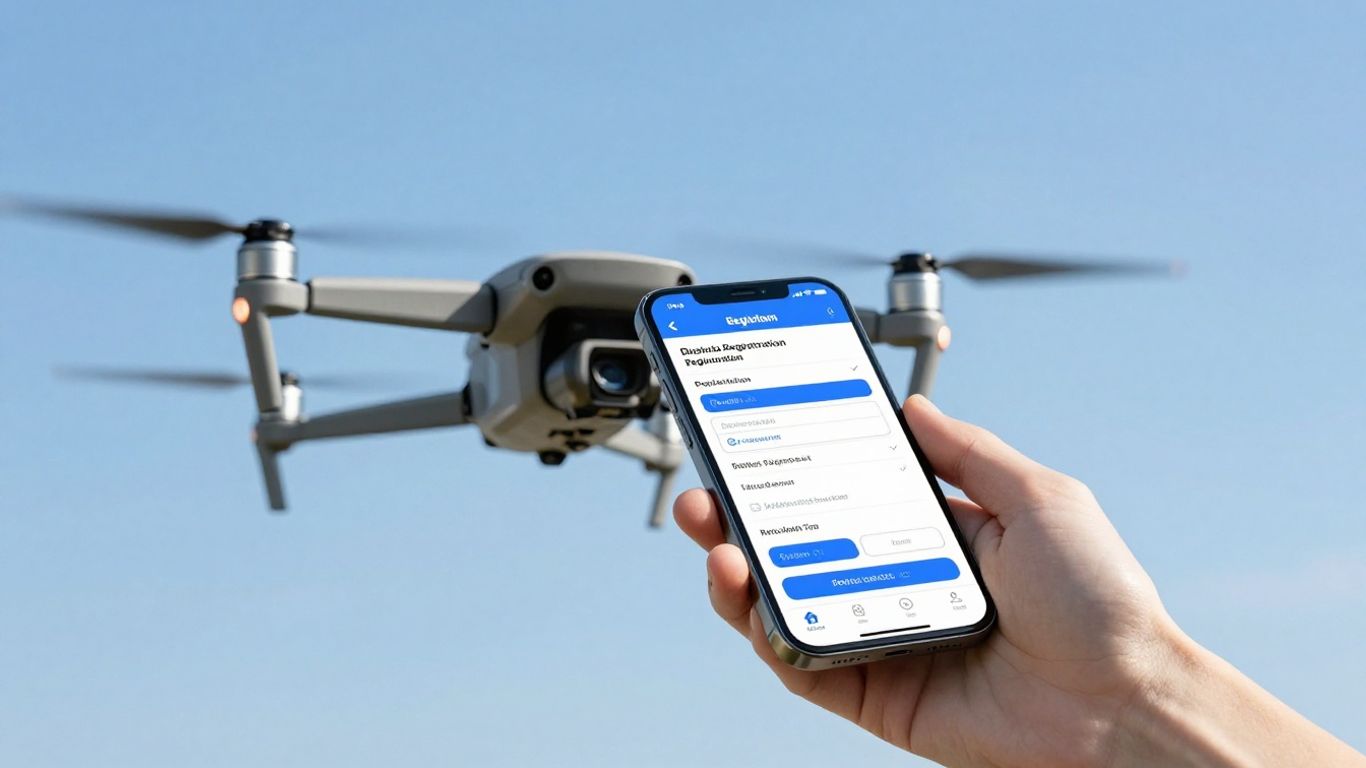 Drone hovering with registration form on phone.