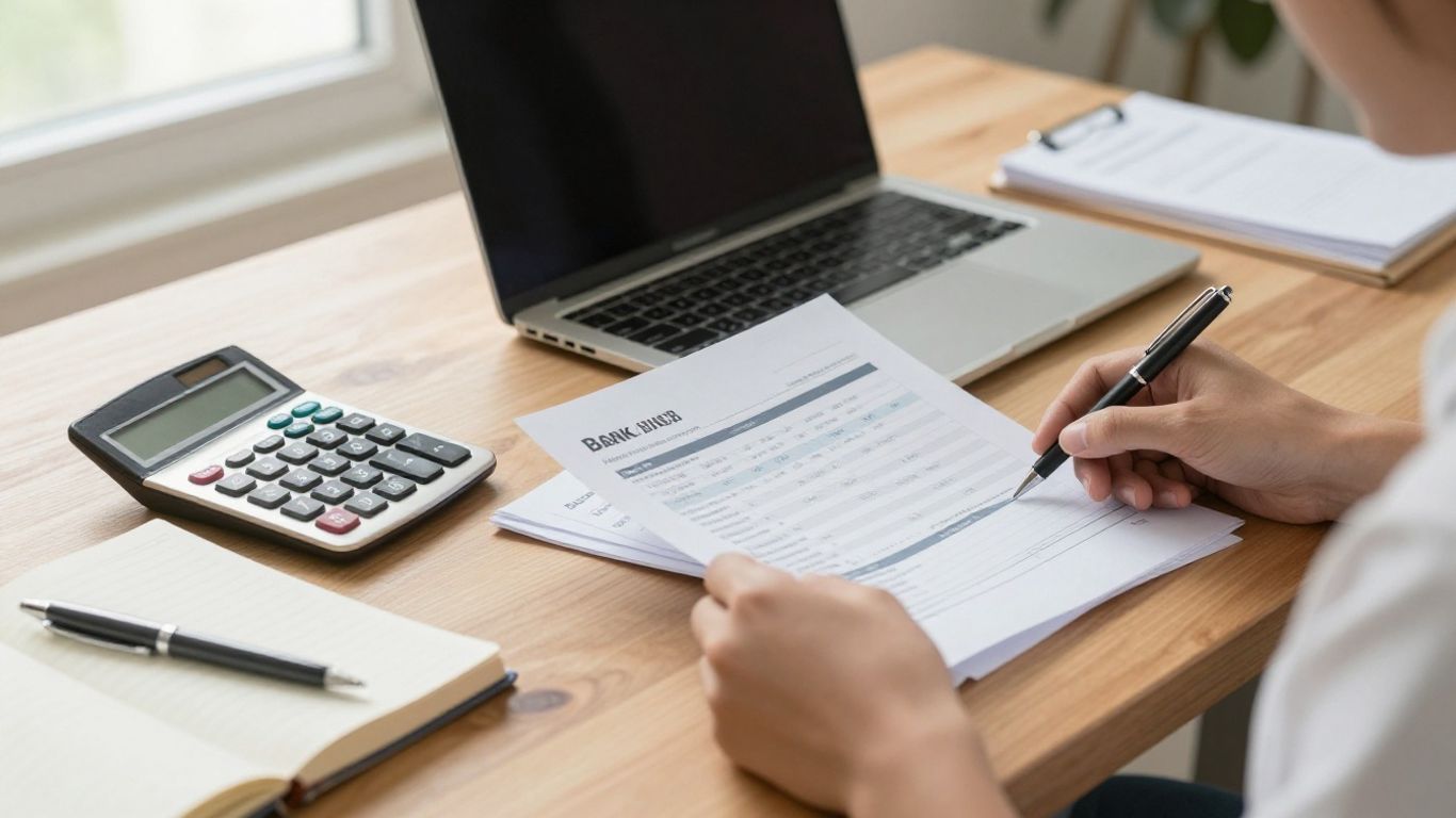 Person organizing financial paperwork beside a laptop