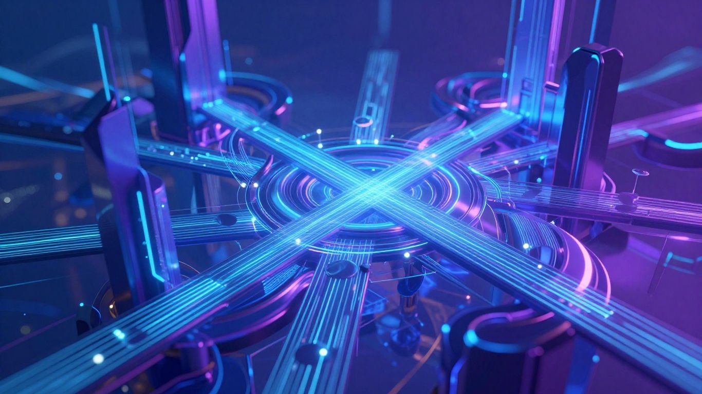 Abstract digital architecture with interconnected nodes and data streams.