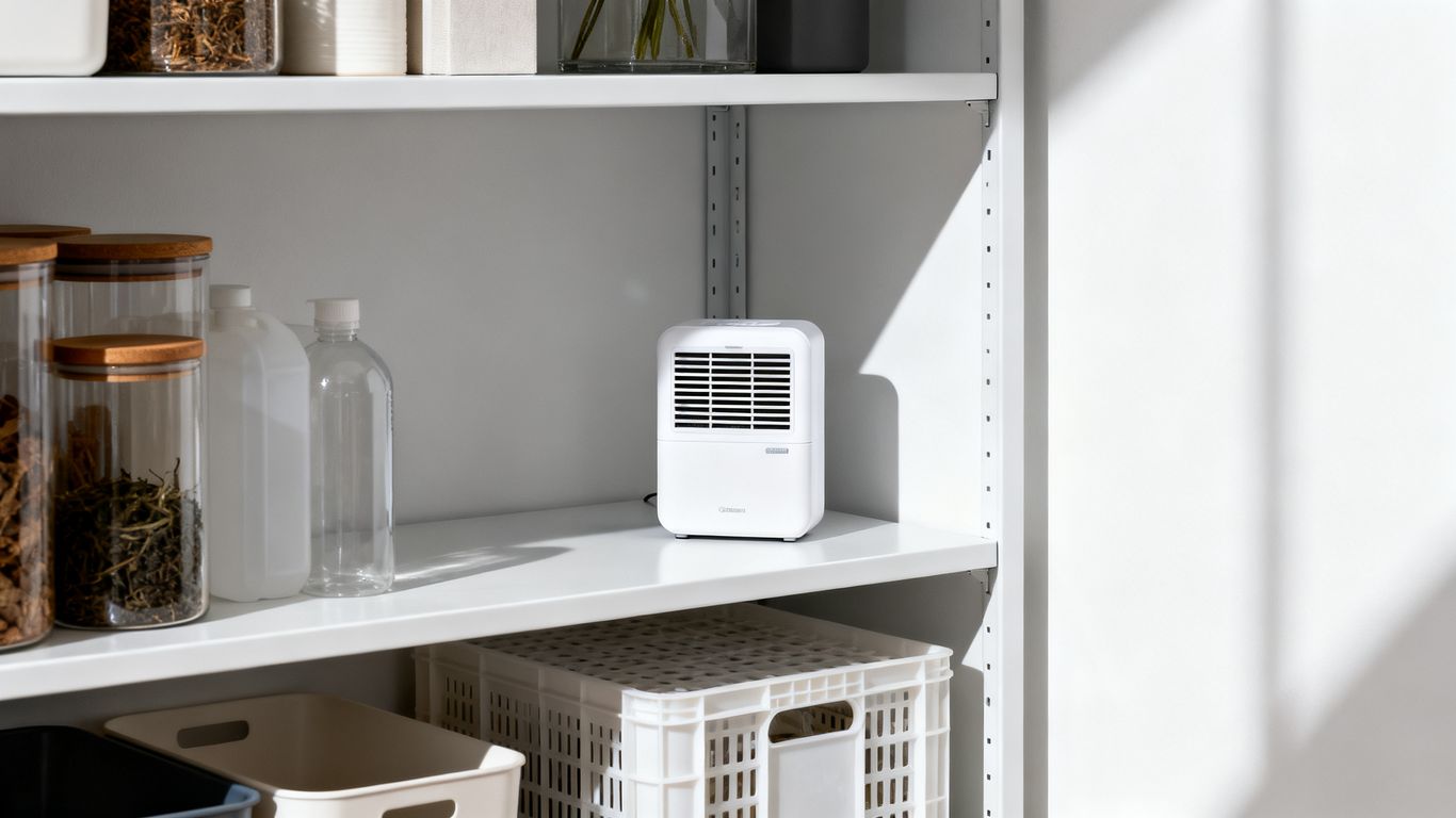 A small humidity unit placed on a closet shelf