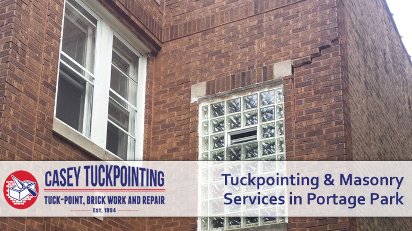 Brick building exterior with windows and text overlay about tuckpointing services.