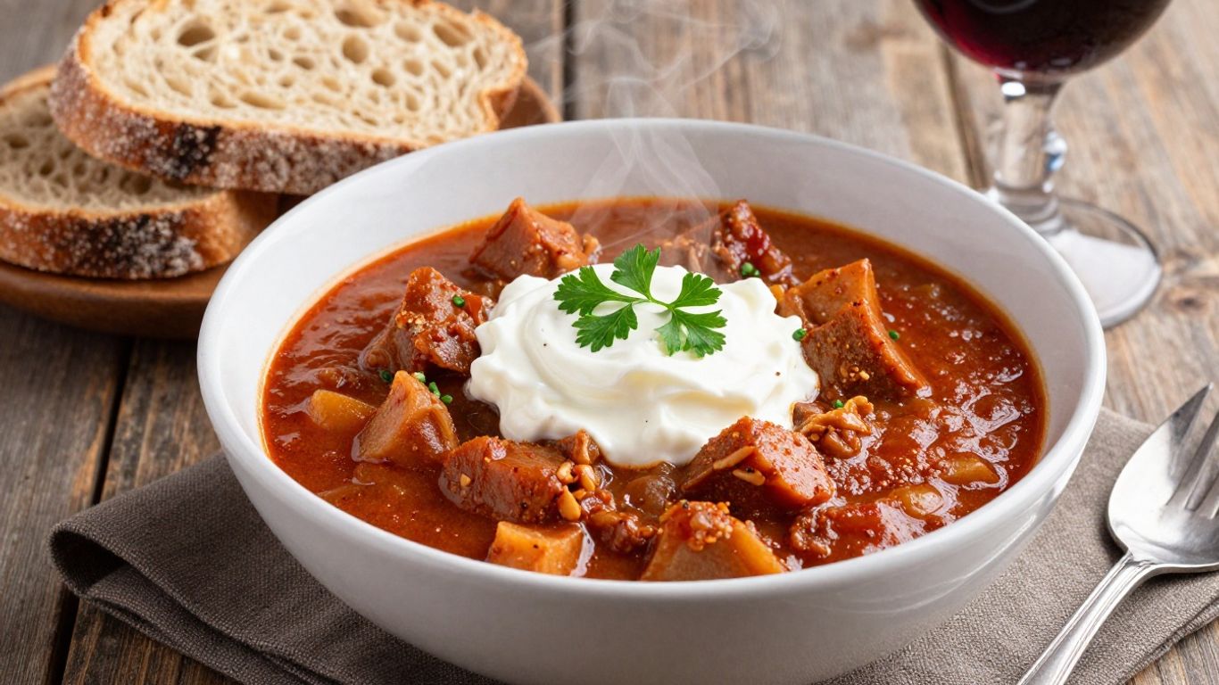 Hearty Hungarian goulash with bread and wine.