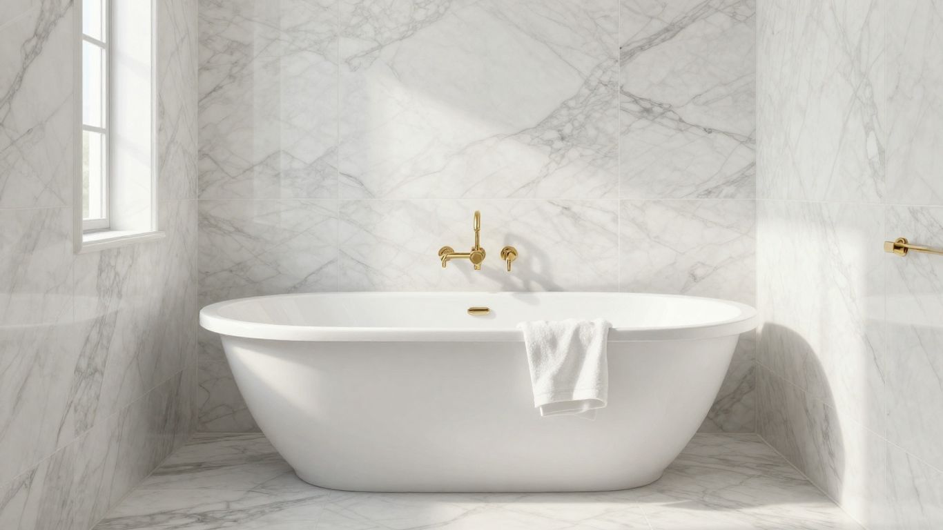 Volakas marble bathroom with elegant veining patterns.