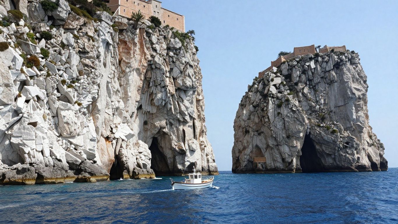 Boat approaching Bonifacio’s white limestone sea cliffs