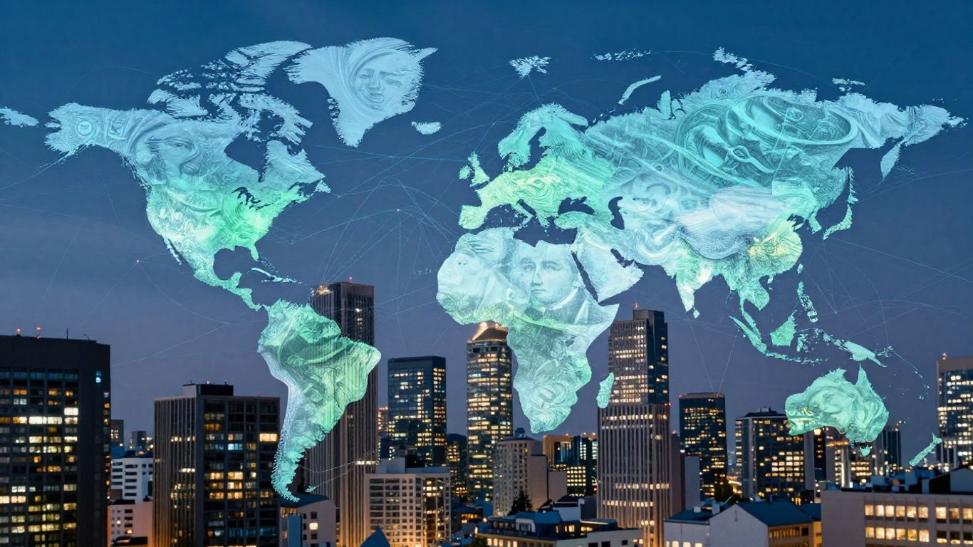Global currency exchange with cityscape and abstract lines.