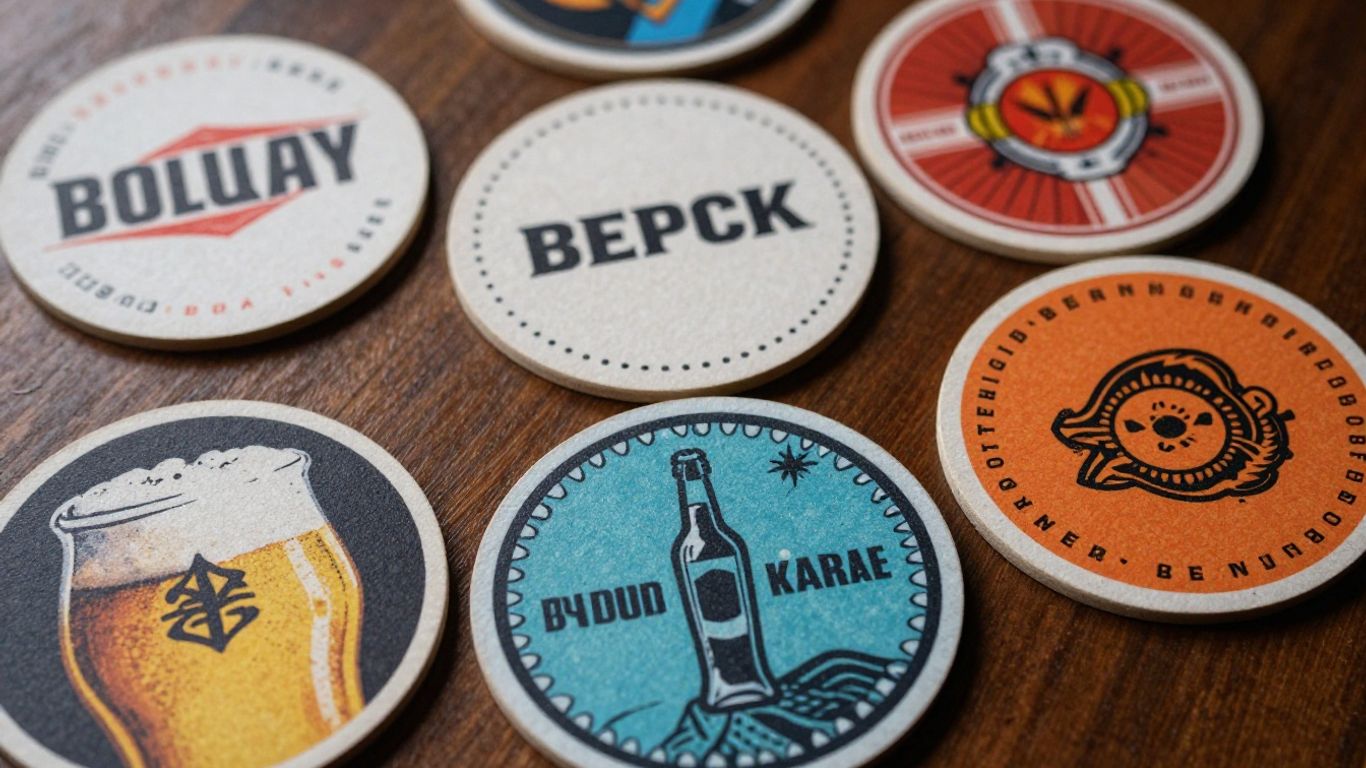 Custom beer coasters with unique designs on a wooden surface.