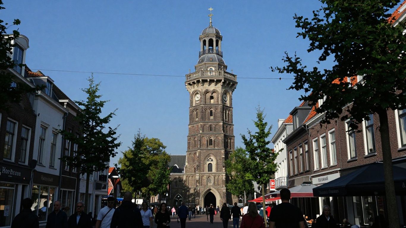 Zwolle stadsgezicht met Peperbus en drukke straten.