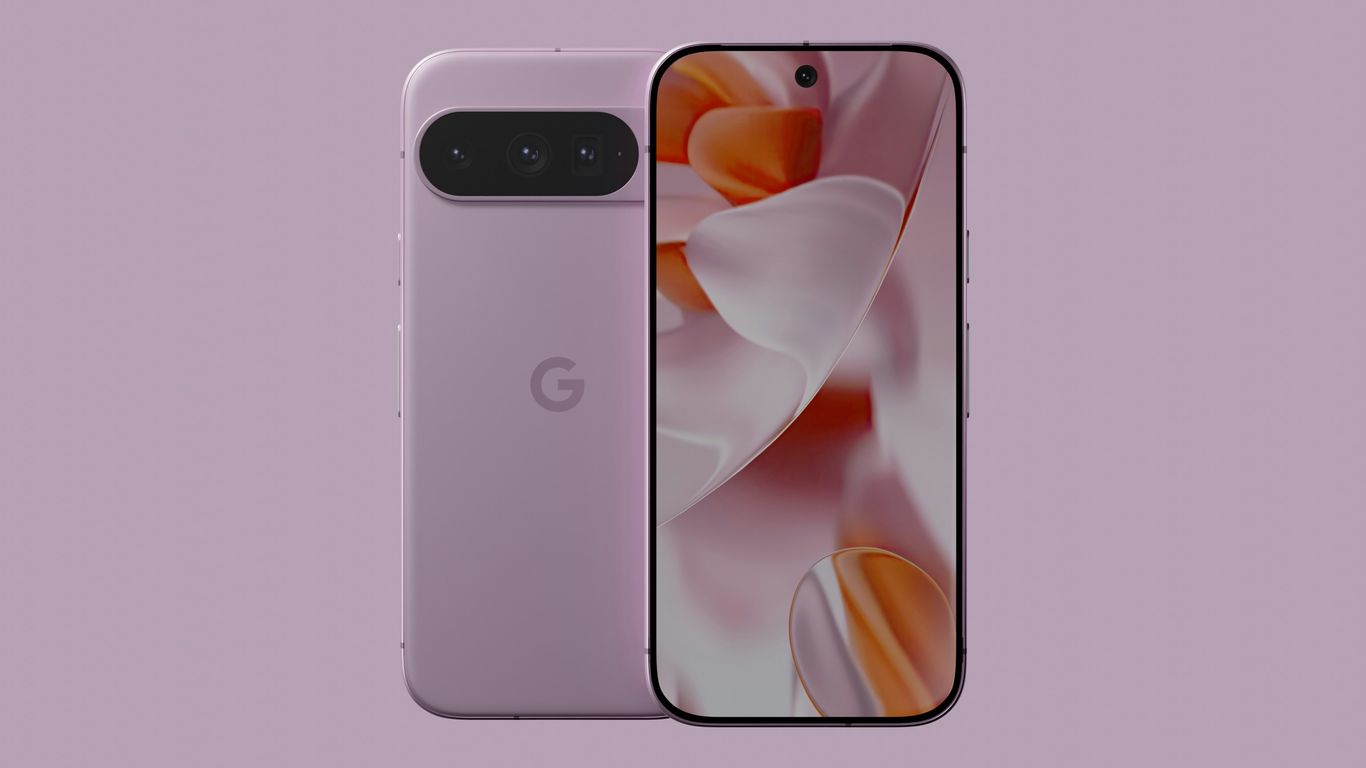 A google pixel phone in a lavender case.