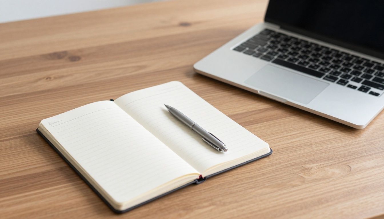 A clean, minimalist workspace with a notebook and a laptop on a wooden desk, representing organized, intentional thinking and professional growth.