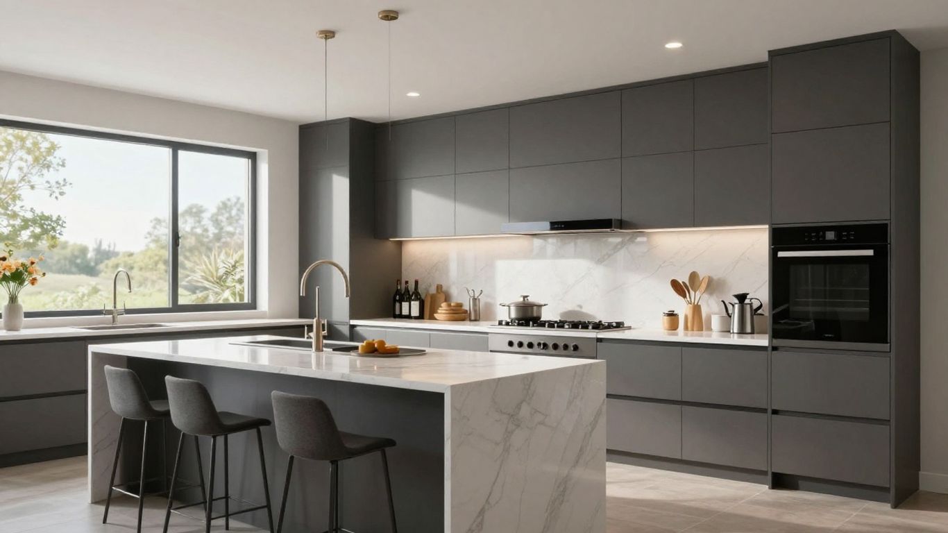 Modern kitchen redesign with island and appliances.