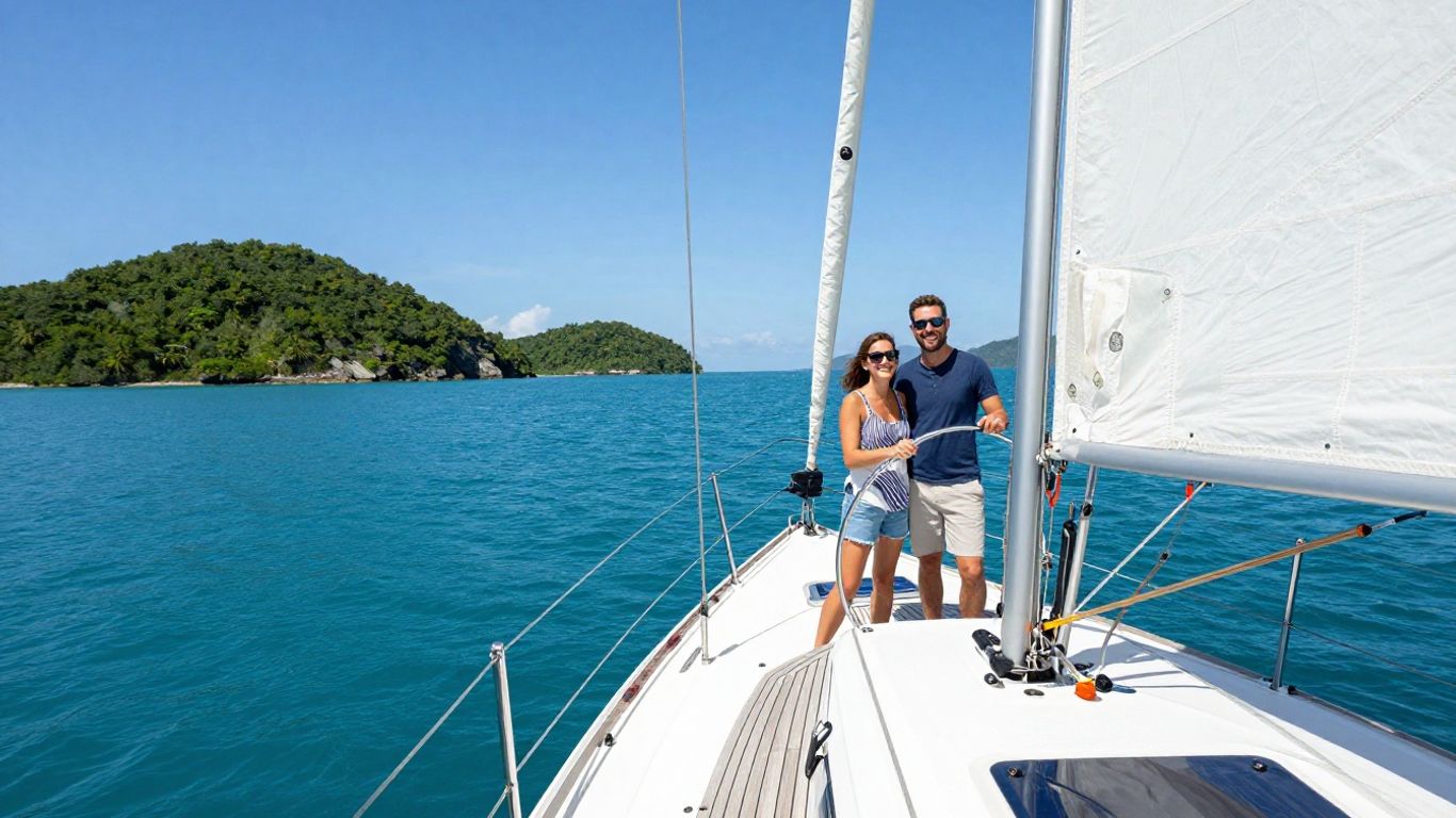 Couple sailing a yacht on a clear blue sea.