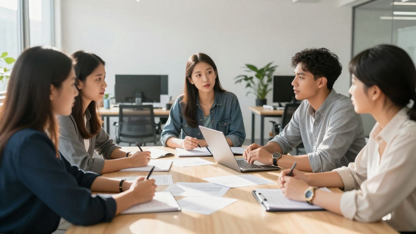 Interns collaborating in a bright, modern office setting.