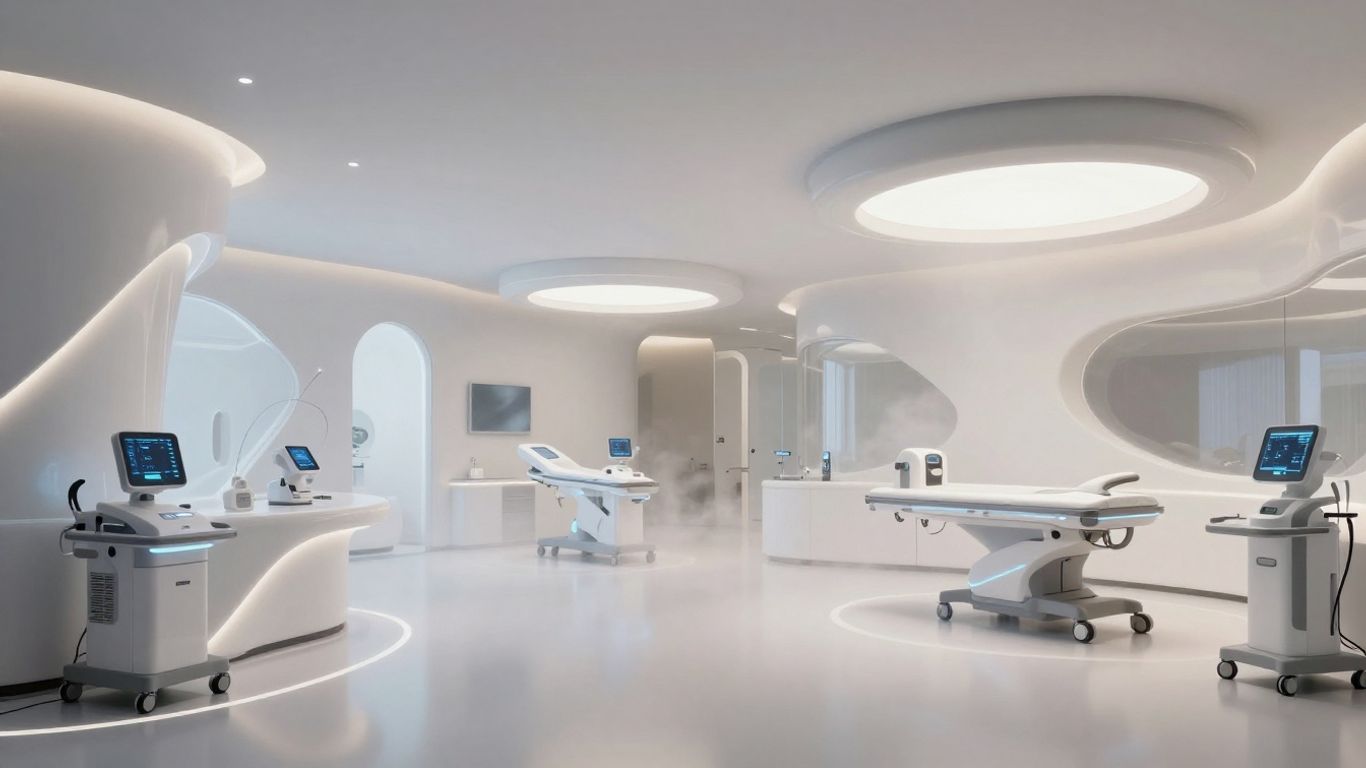 Modern clinic interior with futuristic equipment and soft lighting.