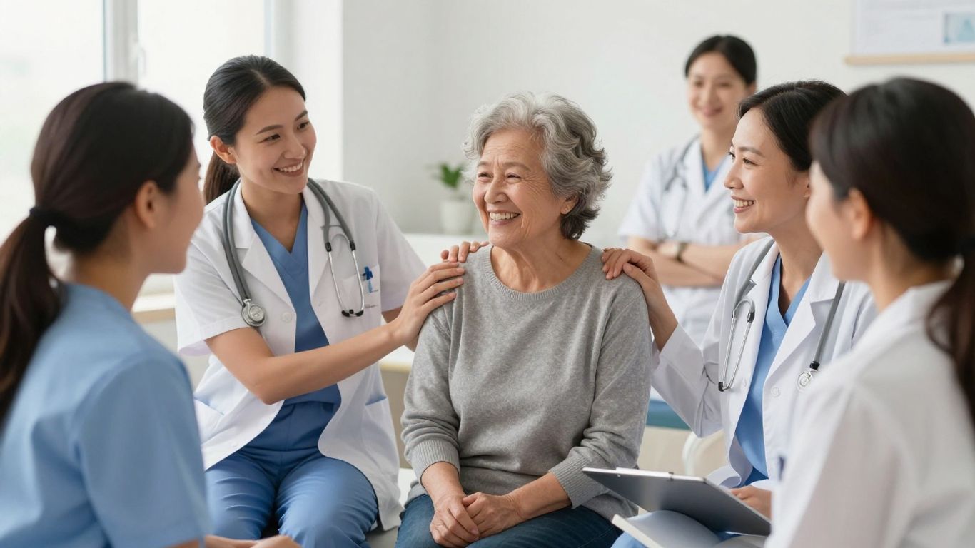 Mulheres sorrindo em um ambiente médico acolhedor.