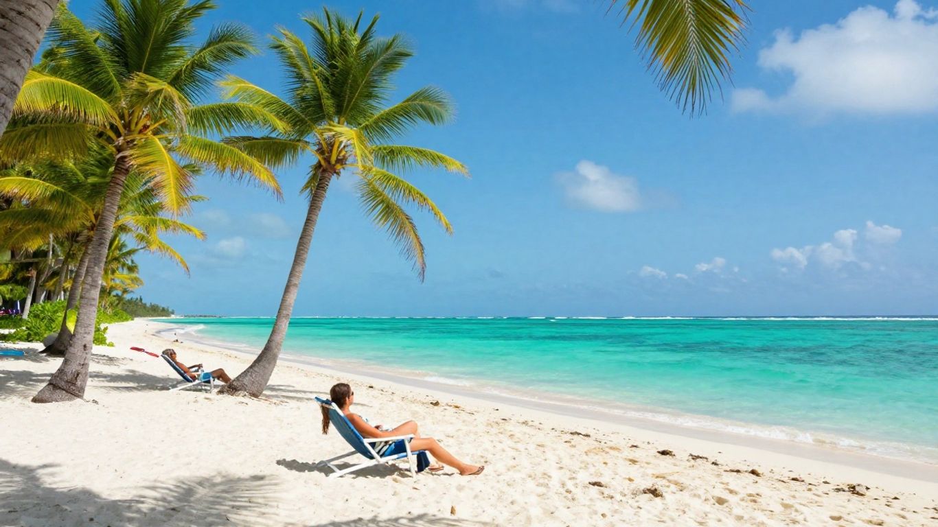 Tropical beach with palm trees and clear blue water.