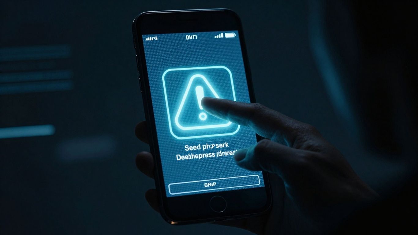 Smartphone wallet app with seed phrase being stolen.