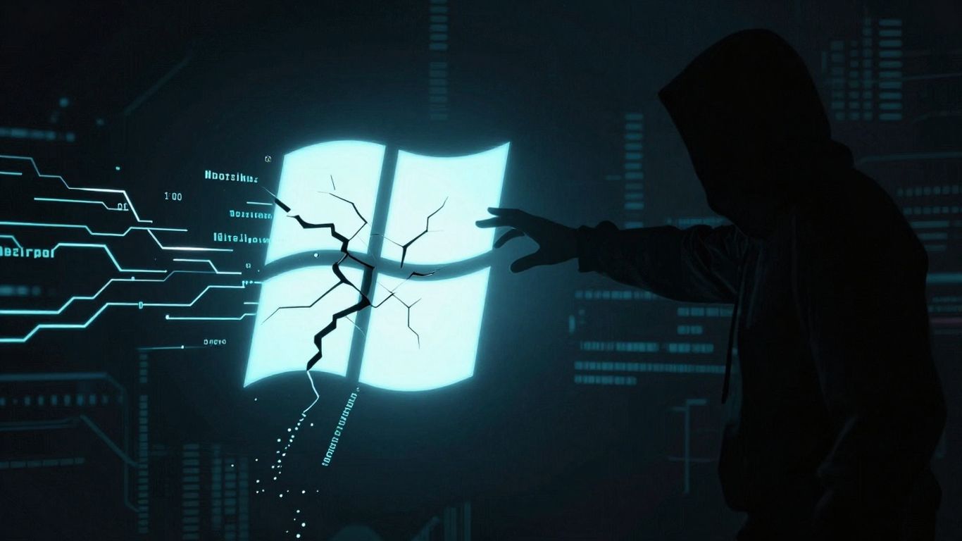 Cracked BitLocker lock with code spilling out, shadowy figure, Windows logo.