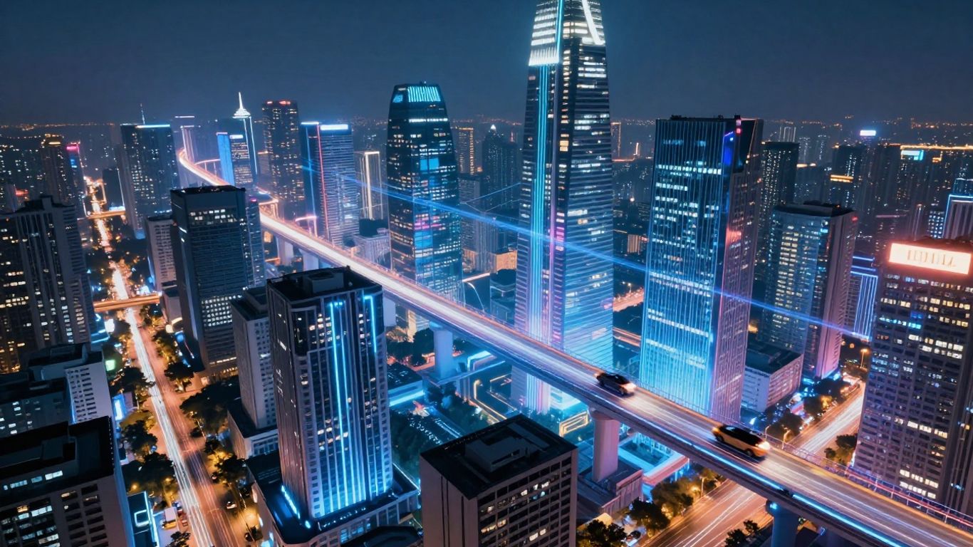 Digital cityscape with data streams and futuristic vehicles.