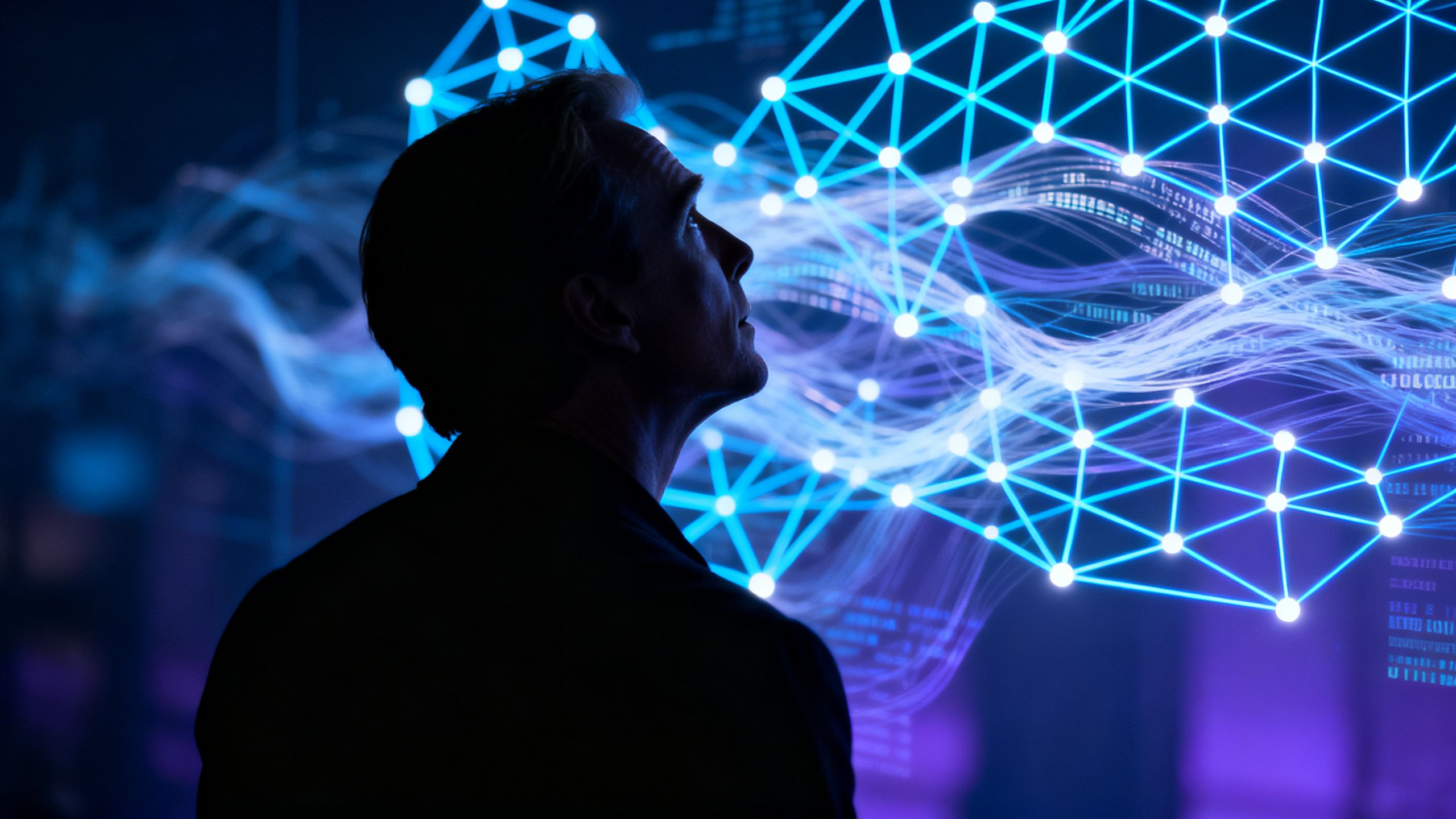 Christopher Nolan contemplates abstract AI patterns.