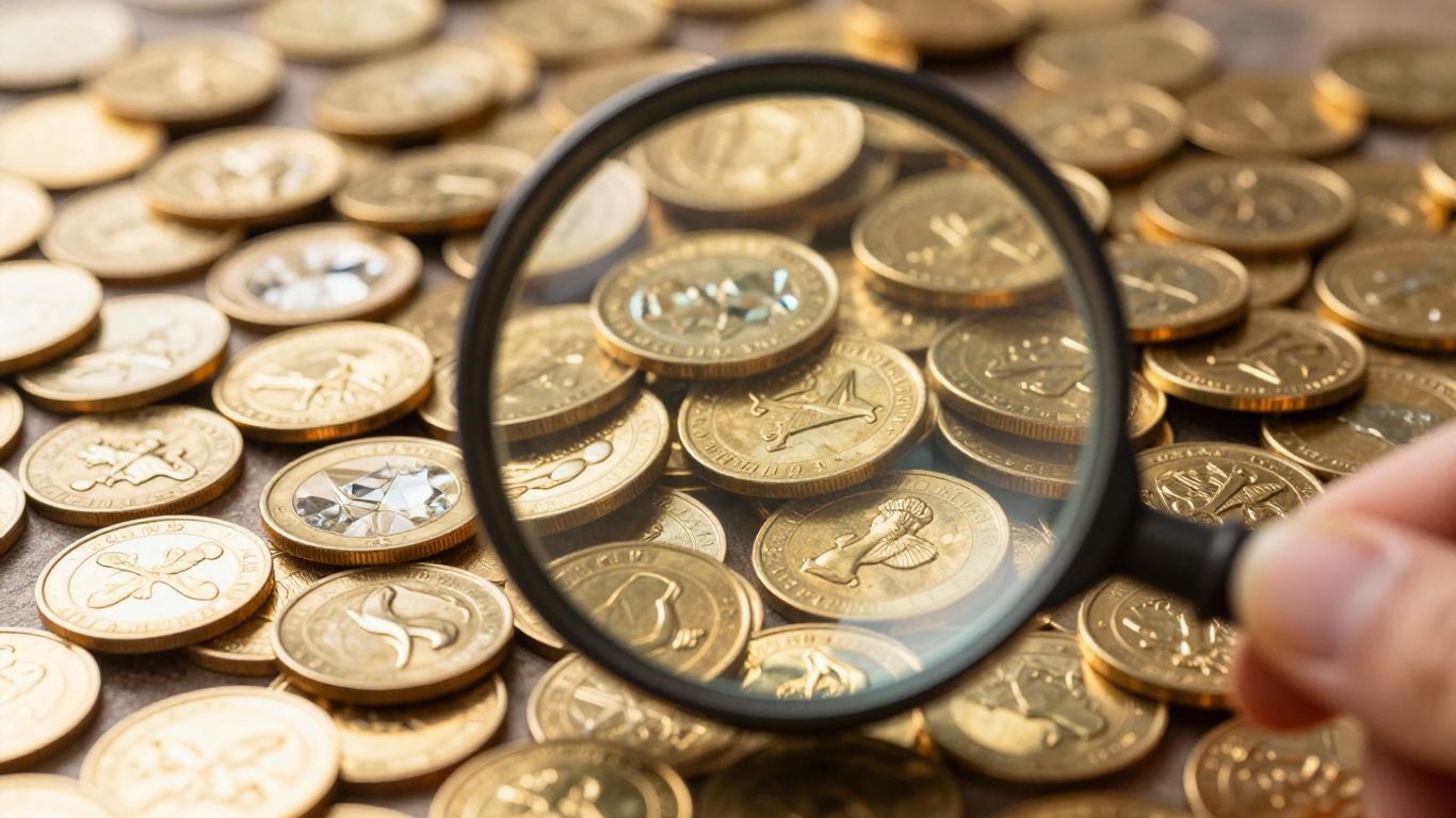 Magnifying glass over treasure chest with gold coins.