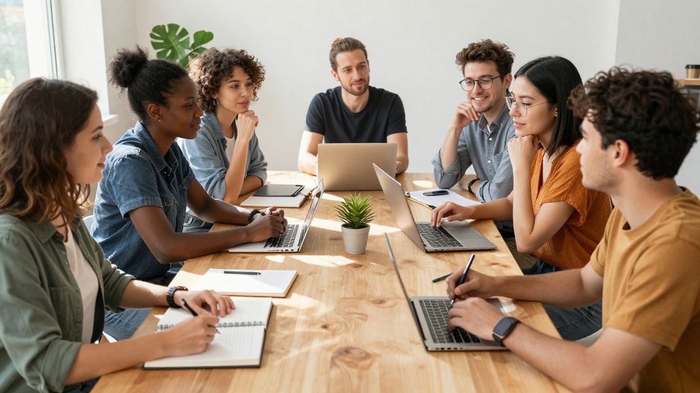 Pequenos negócios colaborando em estratégia de marketing digital.